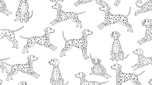 Playful dalmatian dog seamless pattern in black and white line art style featuring various active poses for pet lover designs.
