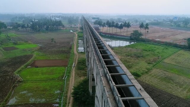 Aerial view of Varuna canal aqueduct in Mysuru