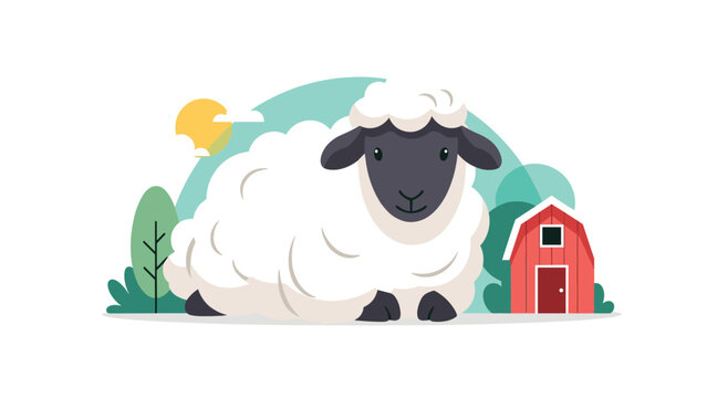 Fluffy white sheep illustration sitting in a field with a red barn and trees under a bright yellow sun in a charming farm landscape.