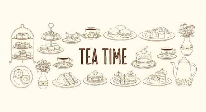 Hand Drawn Tea Time Vector Illustration Set with Cakes, Pastries, and Afternoon Tea Elements