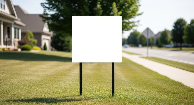 Empty white square sign on suburban street with green lawn and houses