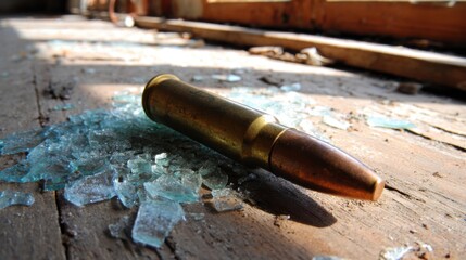 A tarnished brass bullet casing rests amidst shattered glass fragments on a textured surface, a stark reminder of impact and destruction.