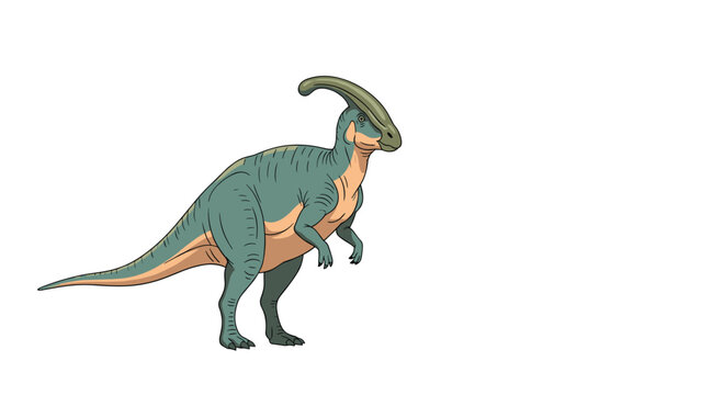 Detailed illustration of a green and orange parasaurolophus dinosaur standing in profile on a white background.