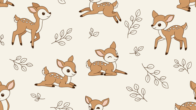Seamless pattern of cute cartoon fawns and delicate leaves on a light cream colored background.