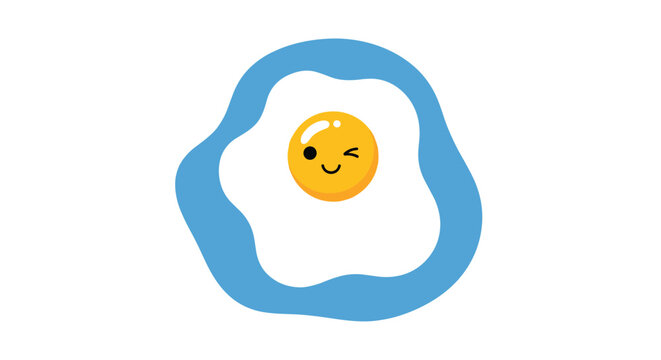Smiling fried egg with a cute winking face and tiny mouth set against a wavy blue background for a cheerful breakfast theme.