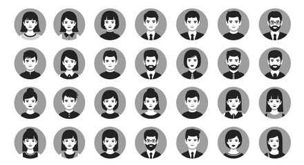 Extensive set of twenty-eight diverse human avatars in black and white circles representing different genders and hairstyles for web users.