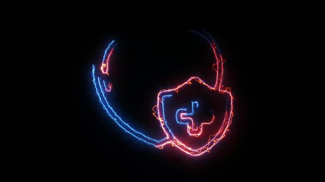 Heart and shield medical cross in fire and ice outline motion graphic