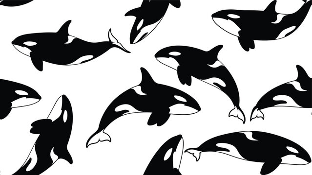Bold black and white seamless pattern featuring various orca whales swimming in different directions for ocean-themed fabric prints.