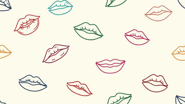 Playful seamless pattern with stylized hand-drawn lips in various colors like red, blue, green, and pink for beauty branding.