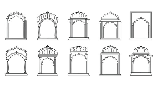 Collection of ten diverse architectural window frames and arches inspired by traditional Indian and Arabic design shown as black line art.
