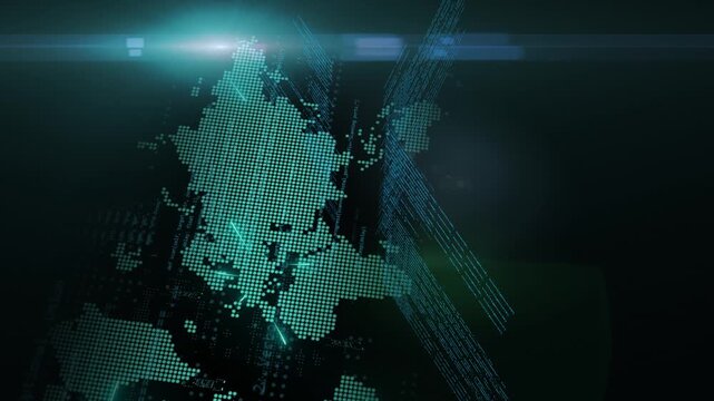 Global code development in three dimensional animation. Code walls with earth map bellow in background