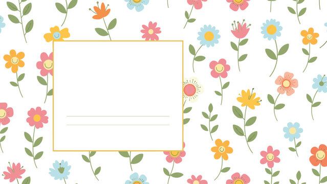 Playful floral border with a variety of colorful simple flowers and a blank square text box for notes or greeting card messages.