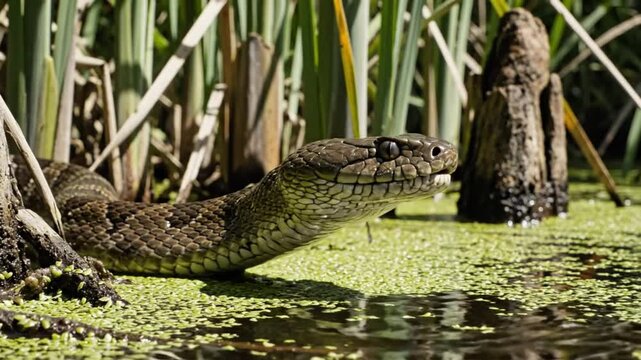 Close up of a Diamondback Water Snake in a marsh setting with a long black forked tongue and green lily pads