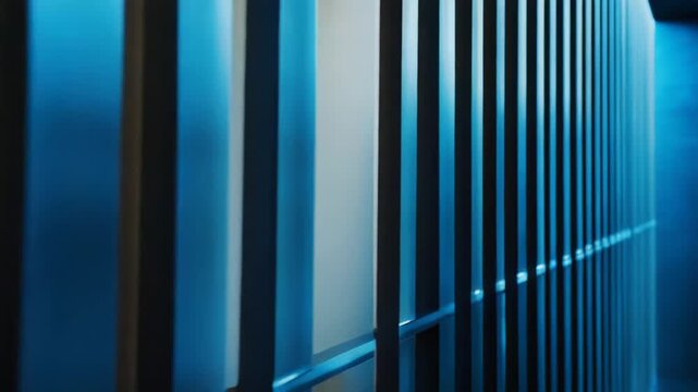 Abstract vertical panels feature strong geometric lines and a repeating pattern, creating a futuristic architectural background with a cool blue ambient light