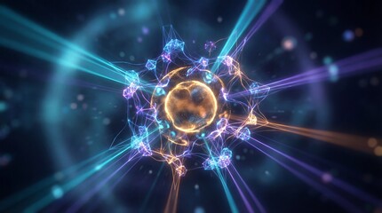 Abstract glowing energy core with radiating light beams and connected particles on dark background