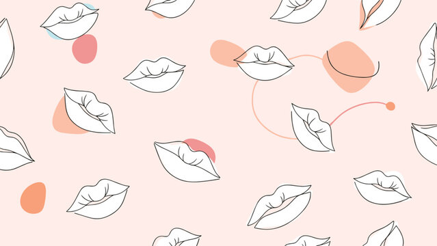 Seamless pattern featuring simple white lip outlines with soft pink and orange organic shapes behind them on a peach background.
