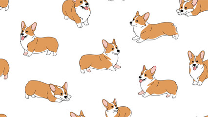 Naklejka premium Adorable seamless pattern with pembroke welsh corgi dogs in various playful poses and happy expressions on a white background.