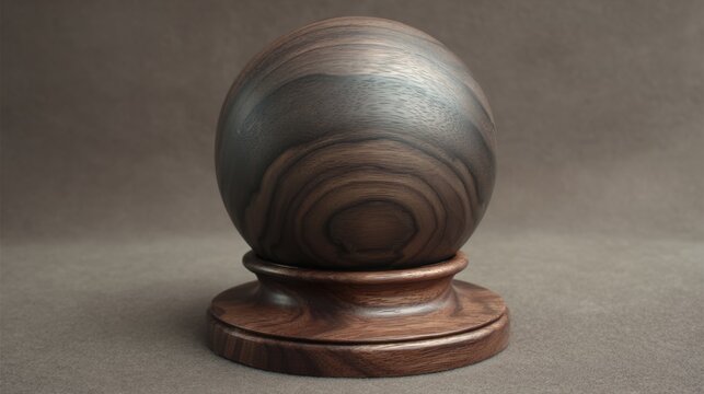 Polished wooden sphere with intricate grain patterns displayed on a complementary wooden base