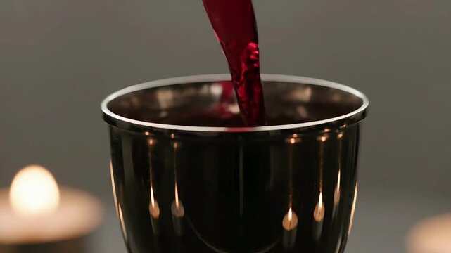 Rich red wine pours into a traditional silver Kiddush cup, capturing a significant moment of spiritual observance during a sacred Jewish Passover Seder celebration