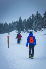 Group of hikers in the Slovenian Alps snow