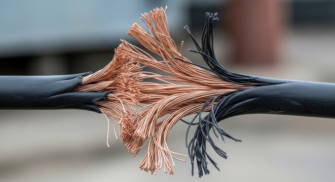 A black electrical cable splits open, revealing a bundle of exposed copper wires. The wires are frayed and tangled, creating a chaotic and intricate pattern.