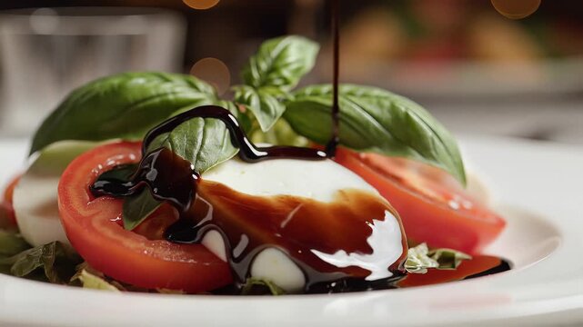 Fresh Caprese salad with mozzarella, tomatoes, and basil, drizzled with balsamic glaze on a white plate.
