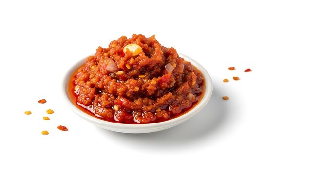 Traditional Indonesian sambal terasi in small bowl, rich red chili paste texture isolated on white background, authentic spicy condiment for Asian cuisine concept.