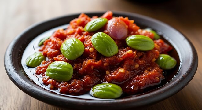 Indonesian sambal with petai beans in rich red chili paste texture, traditional home cooking style, bold spicy flavor and authentic local cuisine concept.