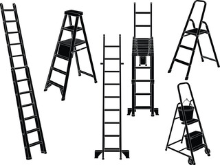 Black ladder collection set isolated on white background, step ladder, extension ladder, folding ladder equipment illustration silhouette