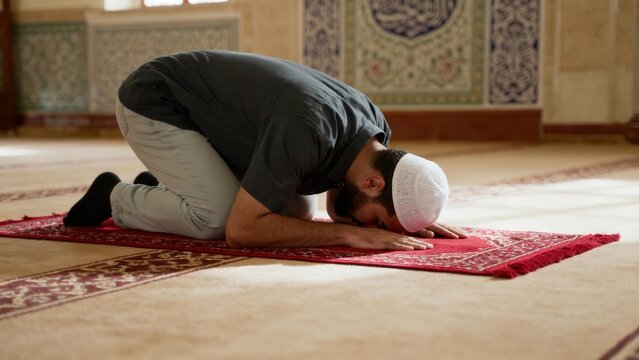 Muslim man wearing a white kufi and dark shirt performs the prostration prayer position on a red ornate rug inside a beautifully decorated mosque with natural light.