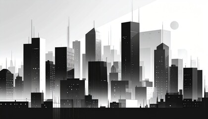 Monochrome cityscape with tall buildings, stylized sun, and muted sky