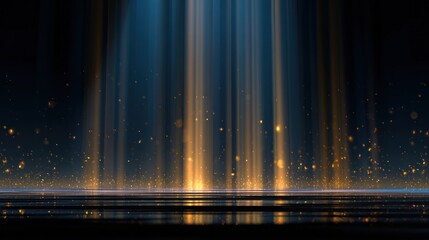 A blue and gold stage with golden lights and particles.