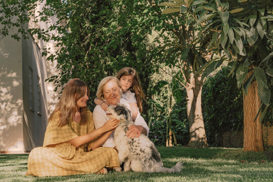 Multi-generation family playing with dog on grassy land against plants in yard