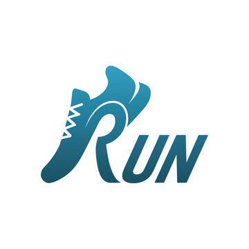 Teal running shoe logo with the word run in gradient blue font