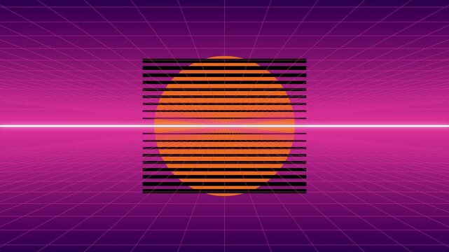 80s Retro Synthwave Sun and Neon Grid Horizon, Vintage Cyberpunk Sunset, Pink and Purple Retrowave Landscape Loop, Futuristic Retro Arcade Horizon