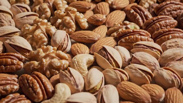 Assorted mix of nuts including almonds, walnuts, and pecans in a close-up flat lay with warm earthy tones on a white background.