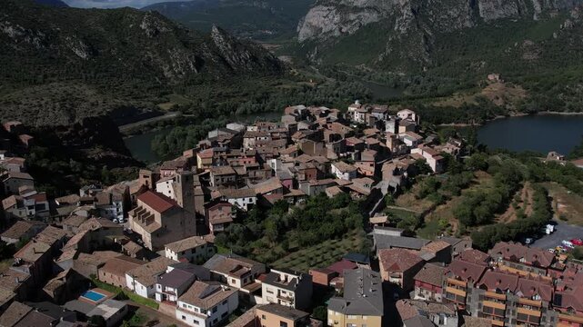 Aerial drone footage of Coll de Nargo town in Catalonia, Spain. High quality 4k footage