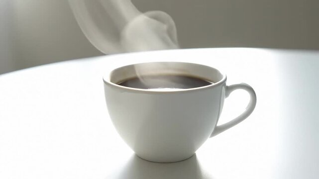 Steaming cup of coffee on a white table with a minimalist background