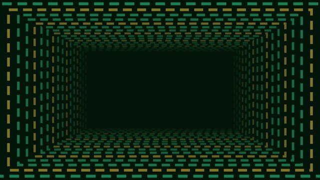 Green and Yellow Dashed Line Corridor, Big Data Packet Flow in Geometric Tech Tunnel, Digital Data Stream Perspective Loop, Rectangular Dashed Wireframe Portal