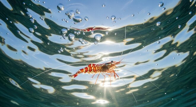 Underwater encounter with a vibrant shrimp amidst sunlit ripples and floating bubbles
