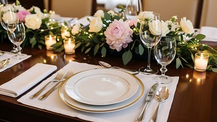 Fototapeta premium Beautiful mother's day table setting with stunning flower arrangements and elegant decor