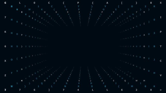 Blue LLM Token Matrix Data Tunnel, Futuristic Cyber Data Flow Loop, Artificial Intelligence NLP Concept, Abstract Tech Typography Corridor, 4K Seamless Loop