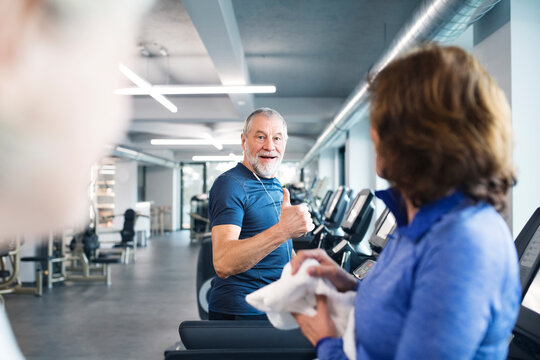 Group of fit seniors on treadmills working out in gym