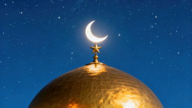 Mosque dome with a golden finish sits beneath a glowing crescent moon and five-pointed star under a starry midnight blue sky during the holy month of Ramadan.