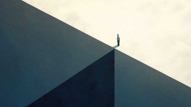 Isometric view faceless figure standing on edge of concrete isosceles triangle, minimalistic clean background soft lighting