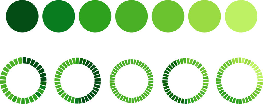 Circular Progress Icon Set with Gradual Color Changes for Data Visualization, Loading, and Performance Metrics
