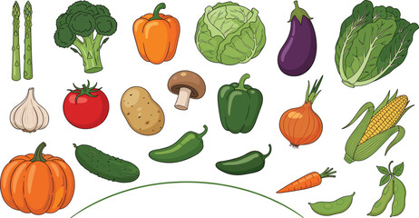 Fototapeta premium Vegetable Icon Set Featuring Fresh Illustrations of Broccoli, Carrot, Pumpkin, Tomato, Lettuce