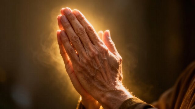 Elderly human hands are pressed together in a prayerful gesture, highlighted by warm golden sunlight and soft incense smoke against a dark bokeh background.