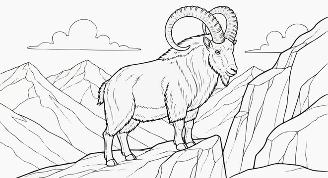Coloring Page for Kids &mdash; Mountain Goat on Steep Cliff, Precision and Balance in Alpine Terrain