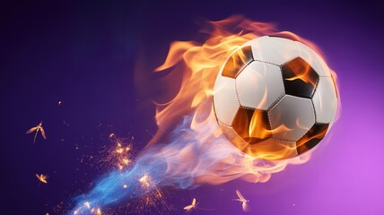Naklejka premium Dynamic Flame Soccer Ball for 2026 Football World Cup Promotional Material with Vibrant Purple Background and Sparkling Effects